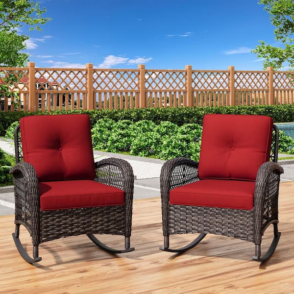 JOYSIDE Wicker Outdoor Rocking Chair Patio with Red Cushion (2-Pack)