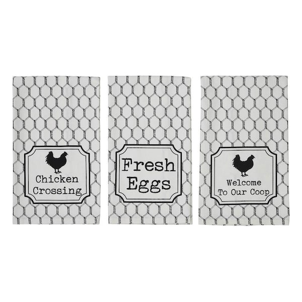 VHC BRANDS Down Home Soft White Country Black Graphic Chicken Crossing Cotton Kitchen Tea Towel Set (Set of 3)