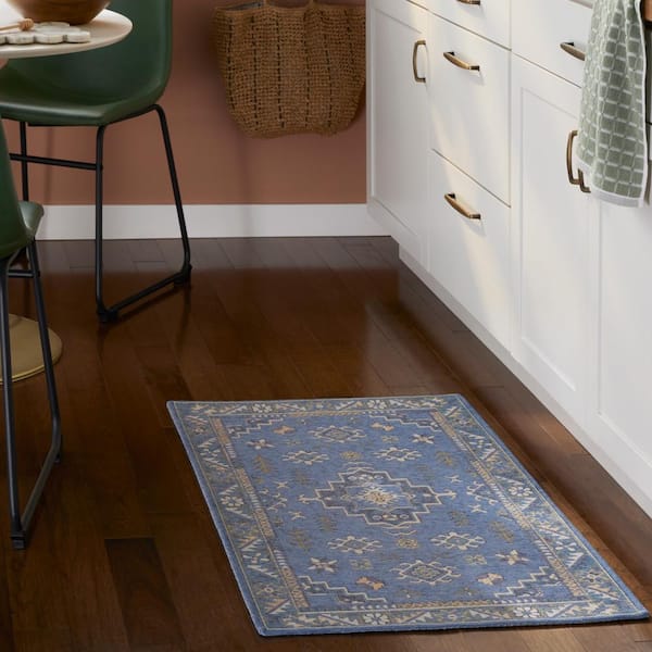 Luxe Livie Forever Vintage Blue Ivory 24 in. x 40 in. Machine Washable Kitchen Mat