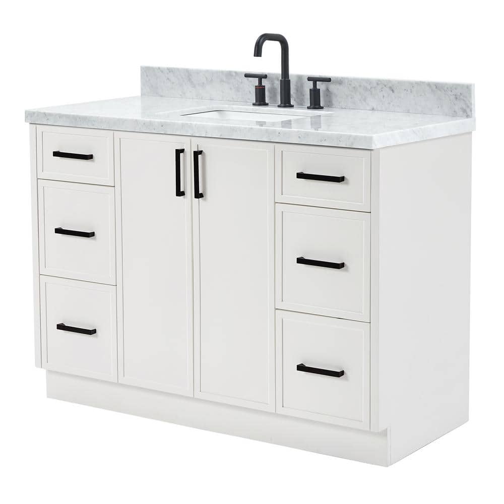 White Marble Top Single Sink Bathroom Vanity with Solid Wood Base