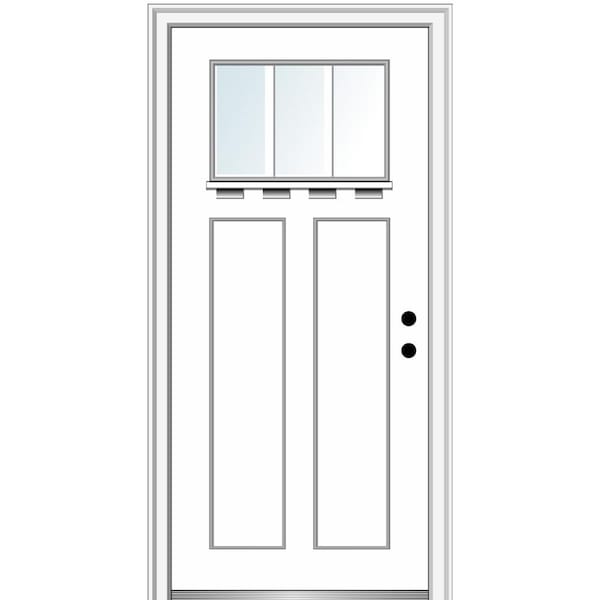 MMI DOOR 32 in.x80 in. Low-E Glass Left-Hand Craftsman 2-Panel 3-Lite Clear Painted Fiberglass Smooth Prehung Front Door w/ Shelf