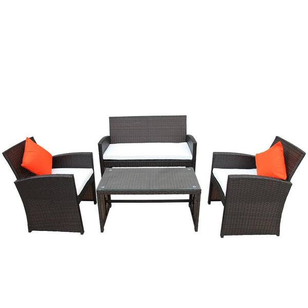 Wateday Brown 4-Piece Wicker Outdoor Patio Conversation Seating Set with Beige Cushions