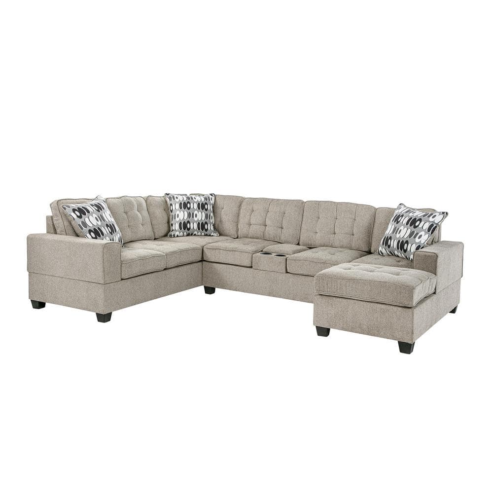 Oslo 123 in. 3-piece Chenille U-Shaped Sectional Sofa in Beige with Cuphold