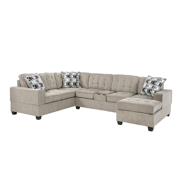 Oslo 123 in. 3-piece Chenille U-Shaped Sectional Sofa in Beige with Cupholders