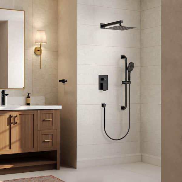 2-Spray Square High Pressure Adjustable Wall Bar Shower Kit with 3 Modes Hand Shower in Matte Black(Valve Included)