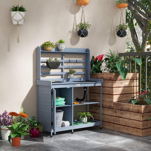 44 in. W x 58 in. H Gray Solid Wood Potting Bench Table with Storage Cabinet, Storage Shelves, Sink and Water Tap