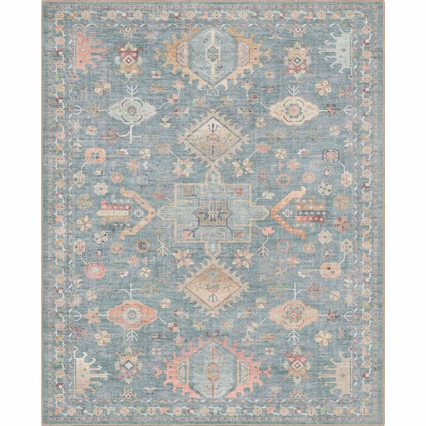 Apollo Serapi Delhi Traditional Floral Medallion, Blue 6 ft. in. x 9 ft. in. Area Rug