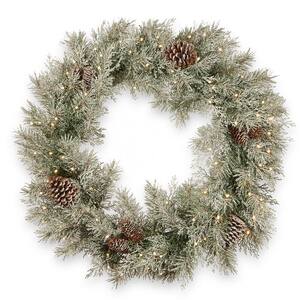 30 in. Feel Real Frosted Mountain Spruce Wreath with Cones and 100 Warm White Battery Operated LED Lights with Timer