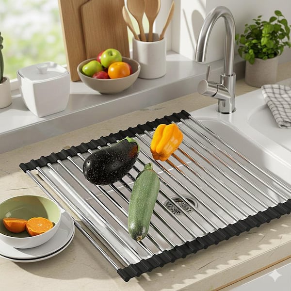 Black Roll Up Over Sink Dish Drying Rack for Kitchen, 17.5 in. x 15.7 in., Silicone Covered Stainless Steel