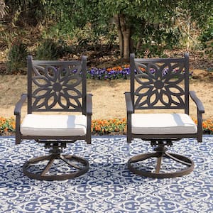 Brown Swivel Cast Aluminum Outdoor Dining Chair with Beige Cushion (2-Pack)