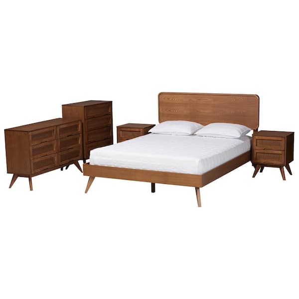 Baxton Studio Demeter 5-Piece Walnut Brown Wood Queen Bedroom Set