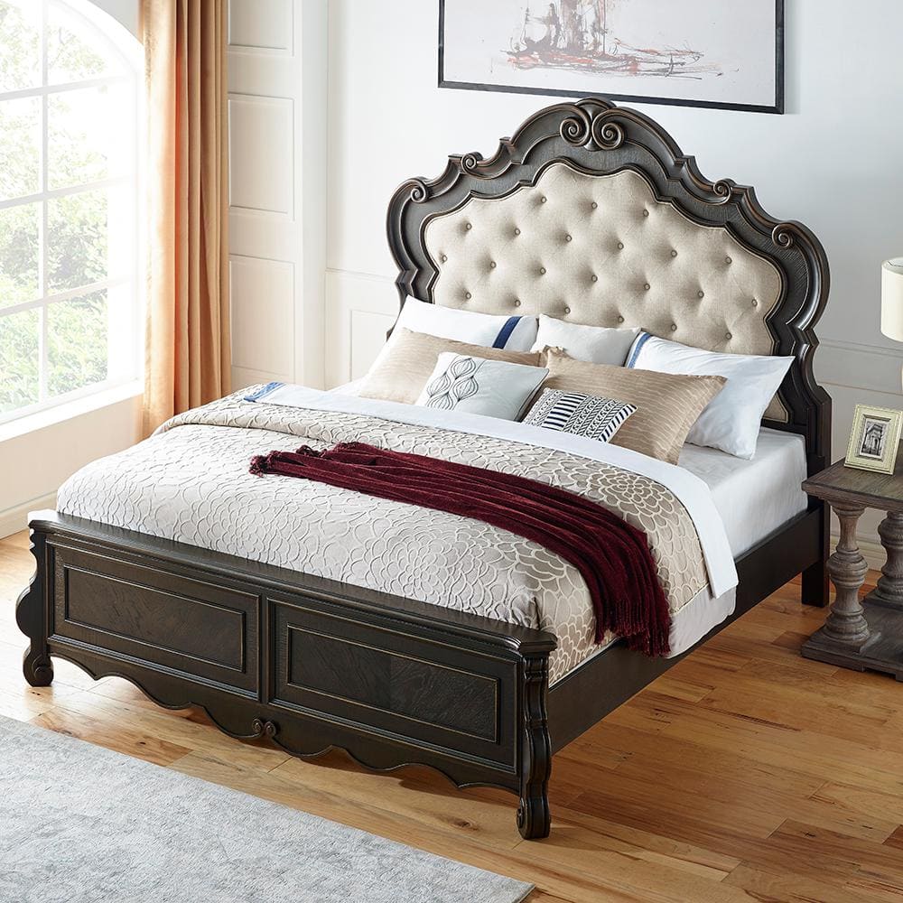 Traditional King Brown Wood Upholstered Tufted Bed