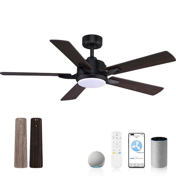 52 in.Smart Outdoor Indoor Black Standard Downrod Mount Ceiling Fans with LED Lights and Remote,WIFI Alexa App Workable