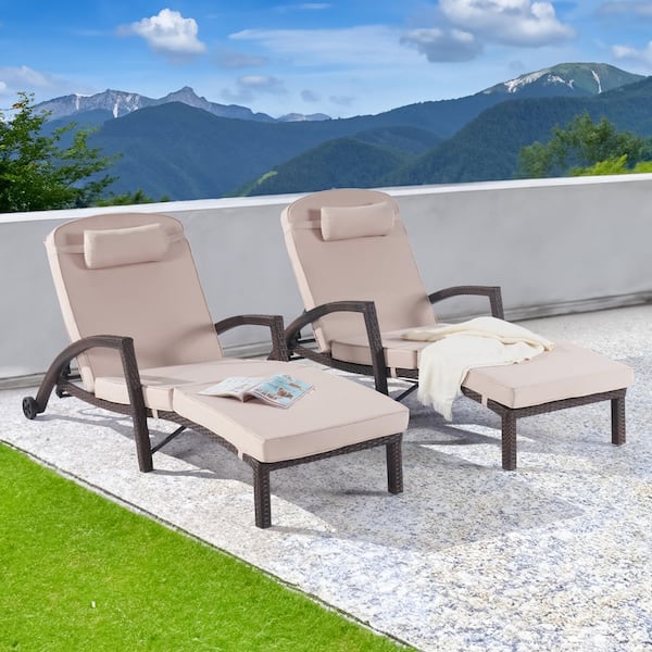 SANSTAR 2-Piece Patio Wicker Cushioned Lounge Chair, Outdoor PE Rattan Armrests Chaise Chair with Wheels, Sand