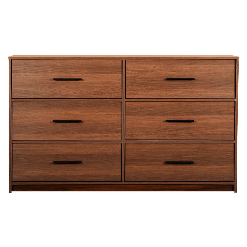 Walnut Brown 6-Drawer Double Dresser with Fabric Bins
