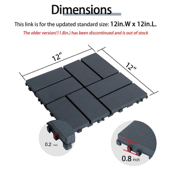 12 in. W x 12 in. L Outdoor Pattern Square Plastic PVC Interlocking Flooring Deck Tiles(Pack of 44 Tiles)in Gray