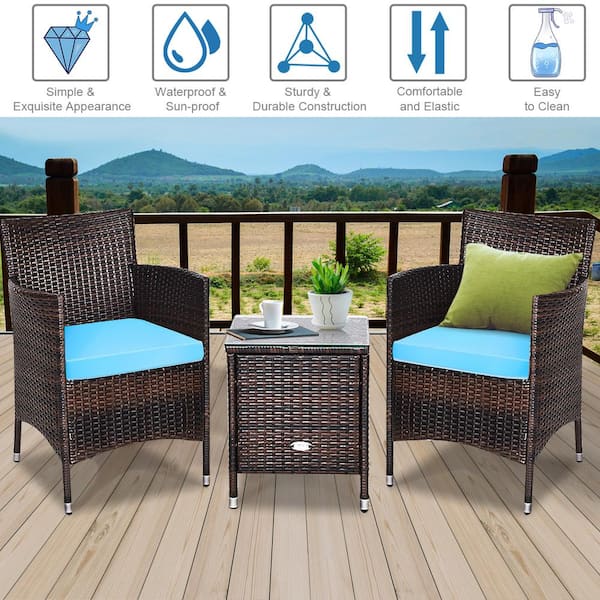 3 Piece Pe Rattan Wicker Patio Conversation Set Outdoor Chairs And Coffee Table With Turquoise Cushion Hw63850tu - Tangkula 3 Piece Patio Furniture Assembly Instructions