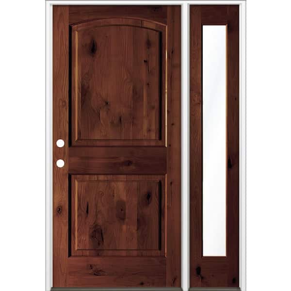 56 in. x 80 in. Knotty Alder 2-Panel Arch Right-Hand/Inswing Clear Glass Red Mahogany Stain Wood Prehung Front Door RFSL