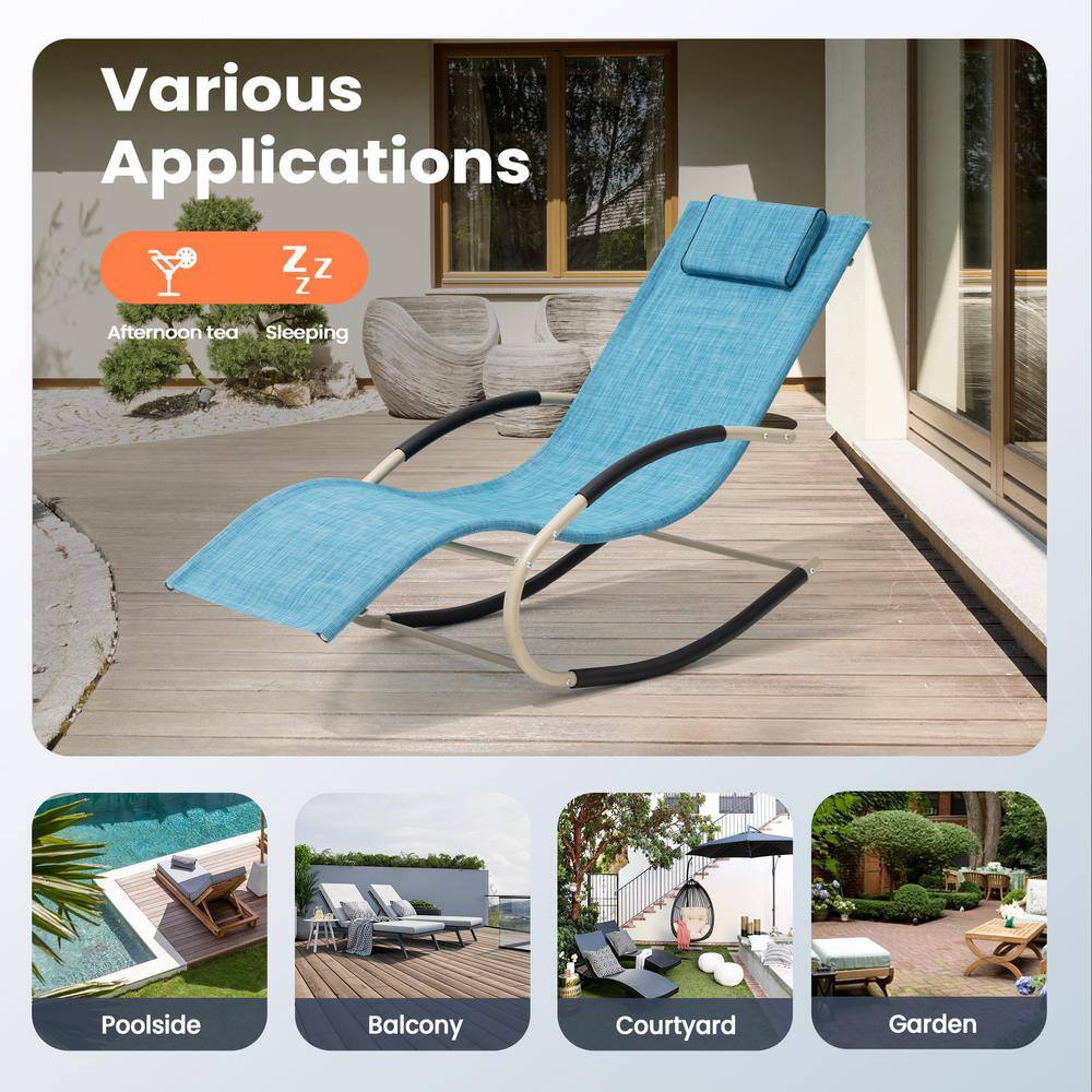 Champagne Beige Steel Frame Blue Rocking Chair with Cushions