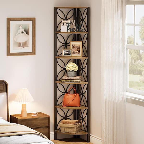 Eulas 70. 9 in. Tall Brown and Black Industrial MDF Corner Accent Bookcase with 5 Open Shelves and Art Deco Metal Frame