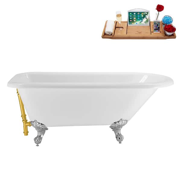 Streamline 62 in. x 29 in. Acrylic Clawfoot Soaking Bathtub in Glossy White with Polished Gold Drain, Polished Chrome Clawfeet