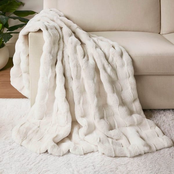 Madison Park Camille Ivory Faux Fur Throw Blanket MP50-8255 - The