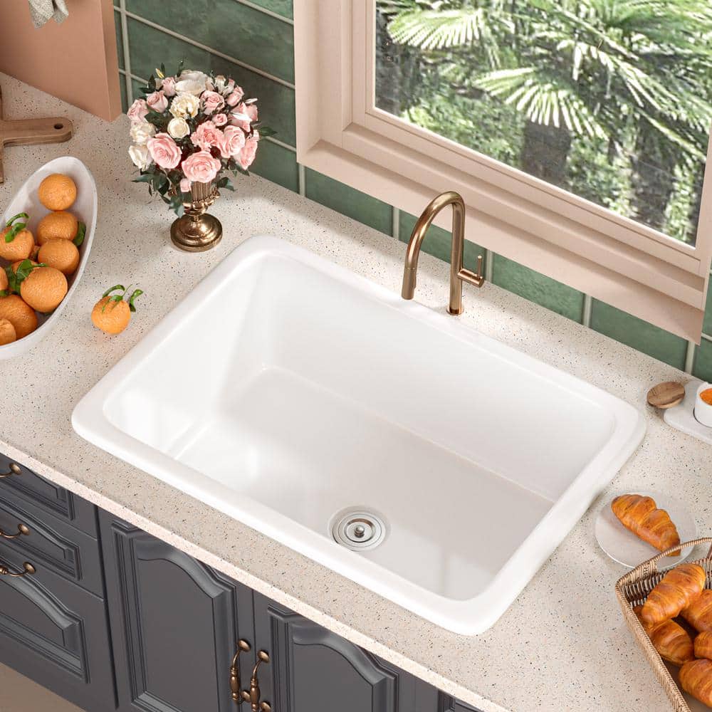 White Fireclay 27" Single Bowl Drop-In Kitchen Sink
