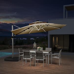 12 ft. Octagon Aluminum Solar Powered LED Patio Cantilever Offset Umbrella with Wheels Base, Beige