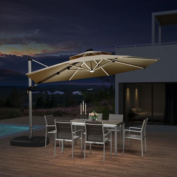 PURPLE LEAF 12 ft. Octagon Aluminum Solar Powered LED Patio Cantilever Offset Umbrella with Wheels Base, Beige