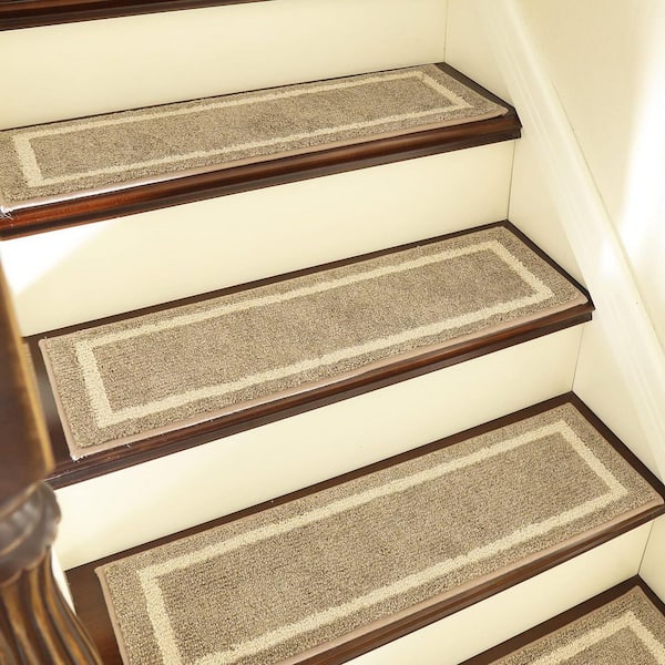 Beige 28 in. x 9 in. Polyester Stair Tread Cover Set of 15 Non-Slip Soft Carpet Mats for Wooden Steps