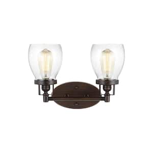 Belton 15 in. 2-Light Bronze Transitional Industrial Wall Bathroom Vanity Light with Clear Seeded Glass Shades