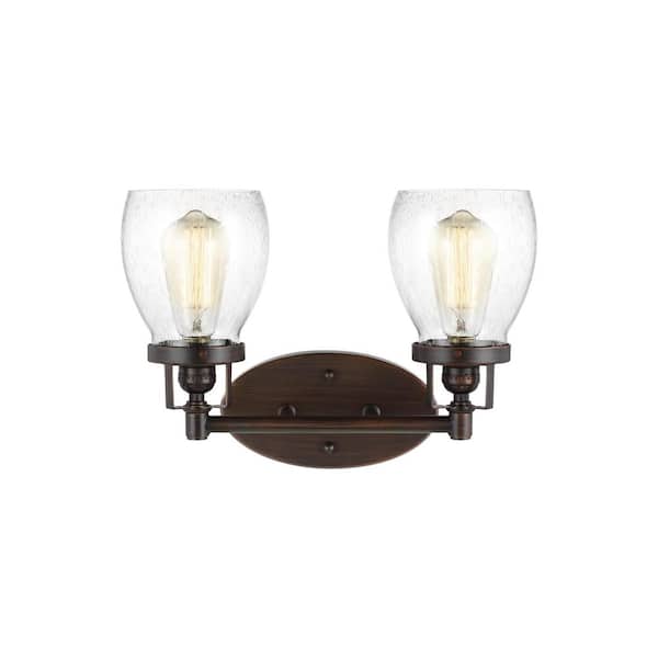 Generation Lighting Belton 15 in. 2-Light Bronze Transitional Industrial Wall Bathroom Vanity Light with Clear Seeded Glass Shades