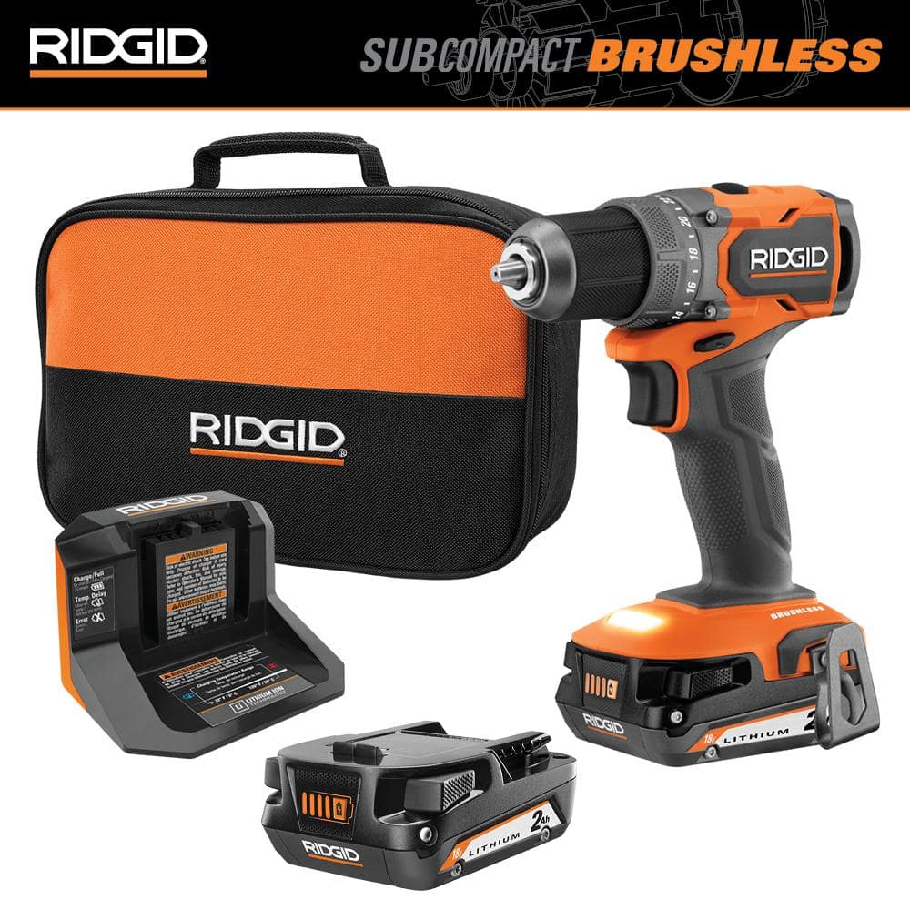 RIDGID 18V SubCompact Brushless Cordless 1/2 in. Drill/Driver Kit with (2) 2.0 Ah Batteries, Charger, and Tool Bag -  R87012K