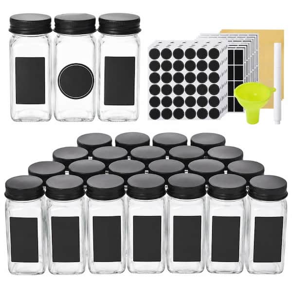 4 oz. Clear Square Glass Spice Jars with Black Metal Caps and Shaker Lids Set of 24 Condiment Servers