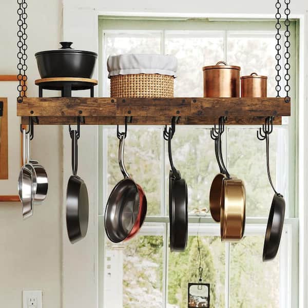 Numhew Rustic Brown and Black Hanging Pot Rack with 18