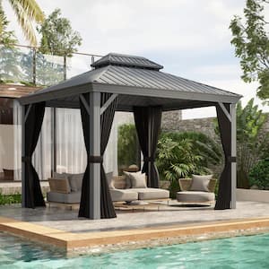 10 ft. x 12 ft. Light Gray Aluminum Power-Coated Frame Galvanized Steel Double Roof Hardtop Gazebo,Hooks Netting Curtain