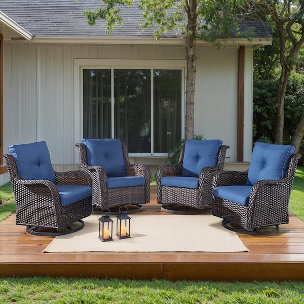 moosprr 4-Piece Brown Wicker Outdoor Swivel Glider Chair with Blue Cushions and Curved Armrest/Rocking Chairs for Patio/Porch