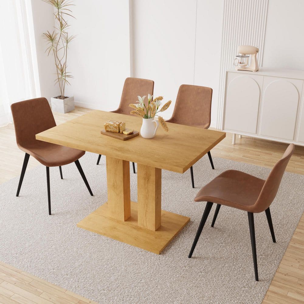 5-Pieces Rectangular Oak MDF Top Dining Table Set Seating 4 People with 4 Brown Chairs