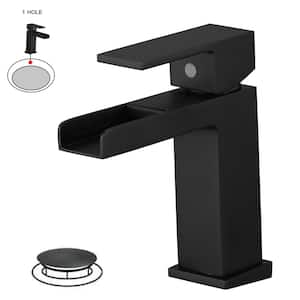 Waterfall Single Handle Single Hole Modern Bathroom Faucet Bathroom Drip-Free Lavatory RV Sink Faucet in Matte Black