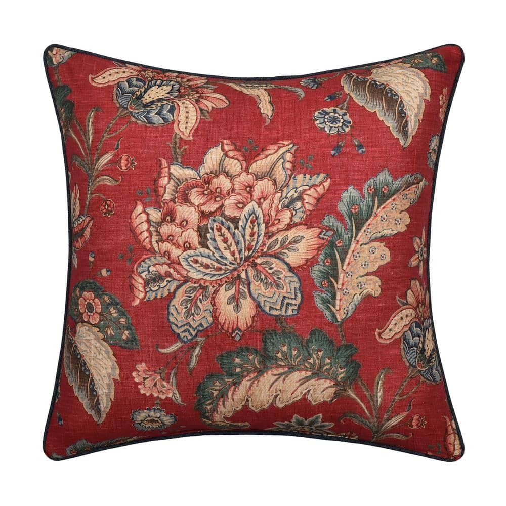Eveleth Red Cotton Floral 20 in. Square Decorative Throw Pillow 20 in. L x 