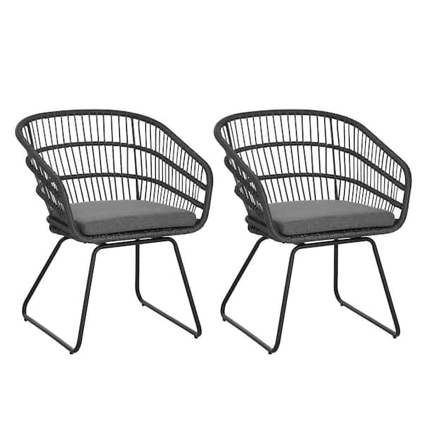 Unbranded PE Rattan Outdoor Dining Chairs Patio Chair with Gray Cushions (2-Pack)