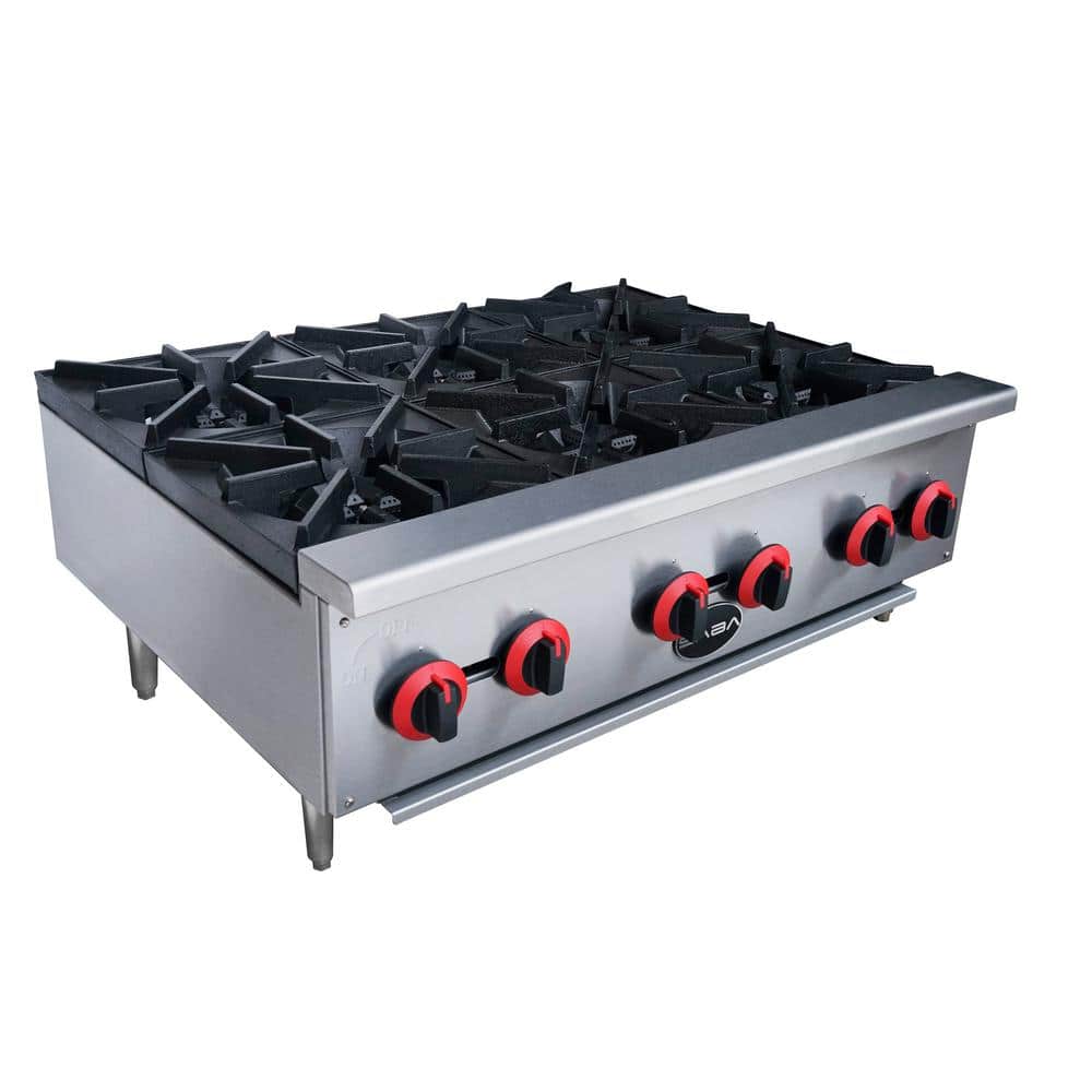 SABA 36 in. Commercial Gas Hotplate Cooktop in Stainless Steel with 6 Burners, Silver -  HP-6