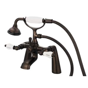 3-Handle Claw Foot Tub Faucet with Labeled Porcelain Lever Handles and Handshower in Oil Rubbed Bronze