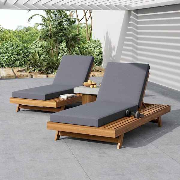 Acacia Wood Outdoor Lounge Chair with Gray Cushions and Adjustable