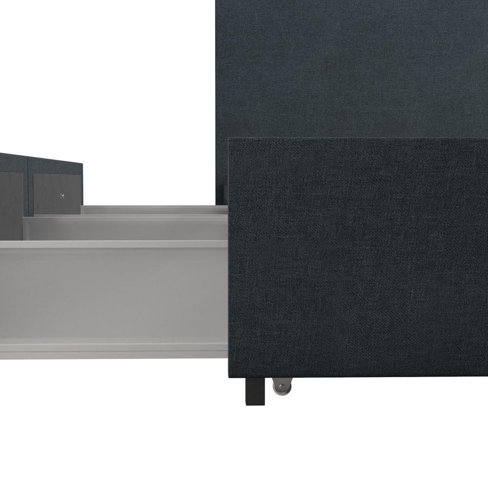 Navy Blue King Linen Upholstered Storage Bed with Tufted Headboard