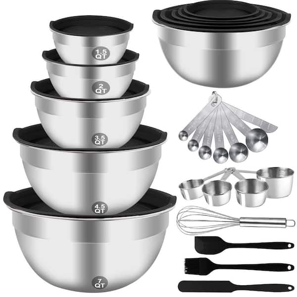 25-Piece Stainless Steel Mixing Bowls Set with Lid, Measuring Cups and Spoons for Kitchen Prep, Silver