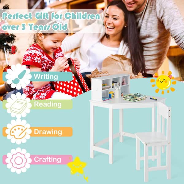 Costway 2-Piece Kids Wood Top White Corner Desk and Chair Set