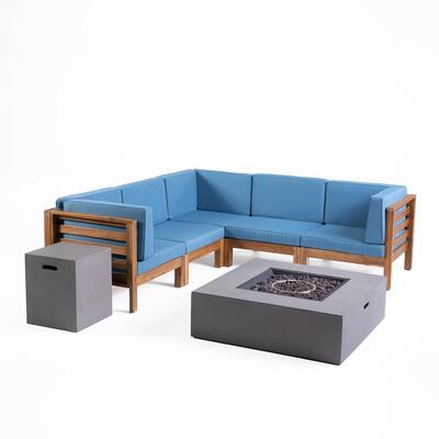 Oana Teak Brown 7-Piece Wood Patio Fire Pit Sectional Seating Set with Blue Cushions