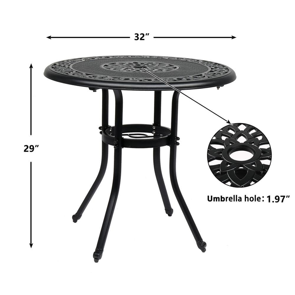 Black Cast Aluminum Round Outdoor Dining Table, 32"