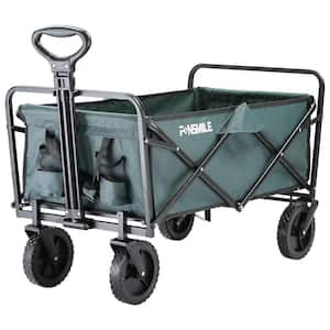 4.94 cu. ft. Outdoor Metal Foldable Dark Green Heavy-Duty Wagon Garden Cart with Non-Slip Wheels and Stand
